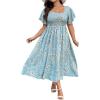 image:imageFloerns Womens Plus Size Floral Square Neck Flounce Short Sleeve A Line Maxi DressLight Blue