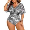 image:imageFloerns Womens Plus Size One Piece Swimsuit Floral Print Halter Tie Back Short Sleeve BeachwearBlack and White
