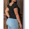 image:imageFloerns Womens Plus Size Puff Short Sleeve Button Down Shirts Lace Flare Hem Blouse TopBlack
