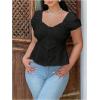 image:imageFloerns Womens Plus Size Puff Short Sleeve Button Down Shirts Lace Flare Hem Blouse TopBlack