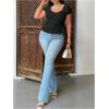 image:imageFloerns Womens Plus Size Puff Short Sleeve Button Down Shirts Lace Flare Hem Blouse TopBlack