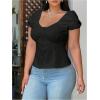 image:imageFloerns Womens Plus Size Puff Short Sleeve Button Down Shirts Lace Flare Hem Blouse TopBlack