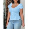 image:imageFloerns Womens Plus Size Puff Short Sleeve Button Down Shirts Lace Flare Hem Blouse TopBlue