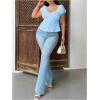 image:imageFloerns Womens Plus Size Puff Short Sleeve Button Down Shirts Lace Flare Hem Blouse TopBlue