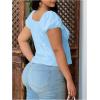 image:imageFloerns Womens Plus Size Puff Short Sleeve Button Down Shirts Lace Flare Hem Blouse TopBlue