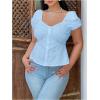 image:imageFloerns Womens Plus Size Puff Short Sleeve Button Down Shirts Lace Flare Hem Blouse TopBlue