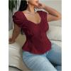 image:imageFloerns Womens Plus Size Puff Short Sleeve Button Down Shirts Lace Flare Hem Blouse TopBurgundy