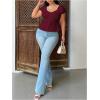 image:imageFloerns Womens Plus Size Puff Short Sleeve Button Down Shirts Lace Flare Hem Blouse TopBurgundy