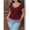 image:imageFloerns Womens Plus Size Puff Short Sleeve Button Down Shirts Lace Flare Hem Blouse TopBurgundy