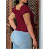 image:imageFloerns Womens Plus Size Puff Short Sleeve Button Down Shirts Lace Flare Hem Blouse TopBurgundy