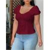 image:imageFloerns Womens Plus Size Puff Short Sleeve Button Down Shirts Lace Flare Hem Blouse TopBurgundy