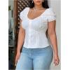 image:imageFloerns Womens Plus Size Puff Short Sleeve Button Down Shirts Lace Flare Hem Blouse TopWhite