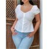 image:imageFloerns Womens Plus Size Puff Short Sleeve Button Down Shirts Lace Flare Hem Blouse TopWhite