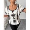 image:imageFloerns Womens Plus Size Ruffle Short Sleeve Shirts Square Neck Dressy Casual Blouses TopsBlack and White
