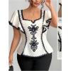 image:imageFloerns Womens Plus Size Ruffle Short Sleeve Shirts Square Neck Dressy Casual Blouses TopsBlack and White