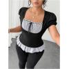 image:imageFloerns Womens Plus Size Striped Short Sleeve T Shirts Tie Front Coquette Going Out TopsBlack