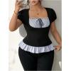 image:imageFloerns Womens Plus Size Striped Short Sleeve T Shirts Tie Front Coquette Going Out TopsBlack