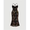 image:imageFloerns Womens Plus Size Vintage Graphic Mesh Cami Dress Draped Bodycon Long DressesBlack and Gold