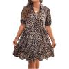 image:imageFloerns Womens Plus Size Leopard Shirt Dress Puff Sleeve Ruffle Hem Swing Shift DressBrown