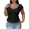image:imageFloerns Womens Plus Size Puff Short Sleeve Button Down Shirts Lace Flare Hem Blouse TopBlack