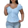 image:imageFloerns Womens Plus Size Puff Short Sleeve Button Down Shirts Lace Flare Hem Blouse TopBlue