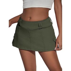 image:imageFloerns Womens Casual A Line Flare Jean Denim Mini Skirts with PocketArmy Green Solid