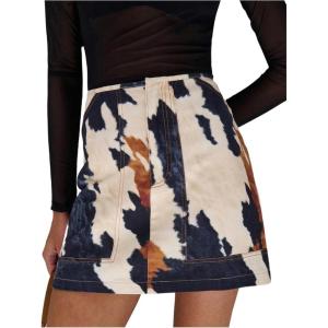 image:imageFloerns Womens Casual Denim Mini Skirts Mid Waist Cow Print Straight Jean SkirtsBeige Multi