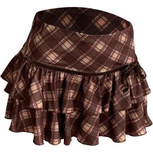image:imageFloerns Womens Cute Preppy Ruffle Plaid Mini Skirt Layered Low Rise A Line SkirtBrown Multi