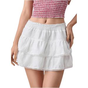 image:imageFloerns Womens Elastic Waist Layered Ruffle Mini Skort Lace Trim Cute A Line SkirtWhite