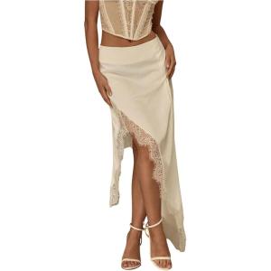 image:imageFloerns Womens Elegant Lace Trim Maxi Skirt Y2k Split Asymmetrical Hem Night Out SkirtsApricot