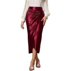 image:imageFloerns Womens Elegant Twist Satin Skirt Bodycon High Waisted Party Midi Wrap SkirtsBurgundy