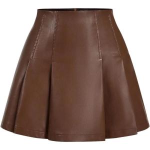 image:imageFloerns Womens Faux Leather Pleated Mini Skirt High Waisted Club A Line Skater SkirtBrown