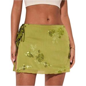 image:imageFloerns Womens Floral Embroidery Mini Skirts Bow Tie Side Low Waist Beach Bodycon SkirtOlive Green