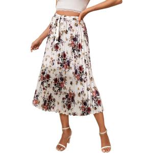 image:imageFloerns Womens Floral Print Boho Elastic Waist Scarf Print Pleated Midi SkirtWhite Floral