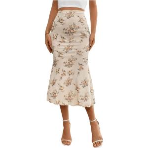 image:imageFloerns Womens Floral Print High Waisted Mesh Skirt Elegant Lettuce Trim Bodycon Midi SkirtsApricot
