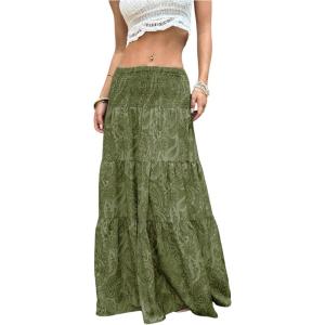 image:imageFloerns Womens Floral Print Smocked Low Rise Skirt Tiered Ruffle Summer A Line Maxi SkirtsGreen