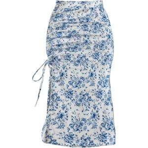 image:imageFloerns Womens Floral Split Drawstring Pencil Skirt Ruched Vacation Bodycon Midi SkirtsBlue and White