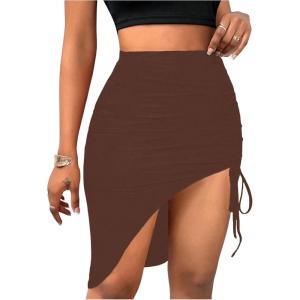 image:imageFloerns Womens High Waist Asymmetrical Hem Midi Skirts Side Split Drawstring Ruched SkirtBrown