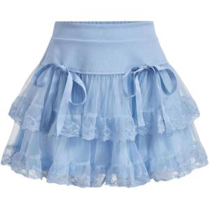 image:imageFloerns Womens High Waist Embroidery Mesh Layered Hem Bowknot Y2k Mini SkirtBlue