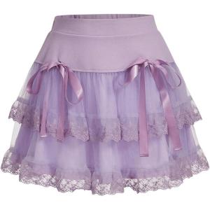 image:imageFloerns Womens High Waist Embroidery Mesh Layered Hem Bowknot Y2k Mini SkirtMauve Purple