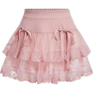 image:imageFloerns Womens High Waist Embroidery Mesh Layered Hem Bowknot Y2k Mini SkirtPink
