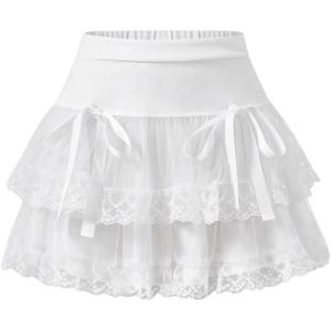 image:imageFloerns Womens High Waist Embroidery Mesh Layered Hem Bowknot Y2k Mini SkirtWhite