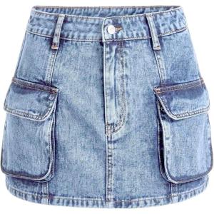image:imageFloerns Womens High Waisted Denim Mini Skirt Flap Pocket Bodycon Jean Cargo SkirtsLight Wash Blue
