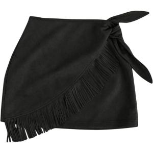 image:imageFloerns Womens High Waisted Fringe Hem Mini Skirt Western Tie Side Suede SkirtsBlack