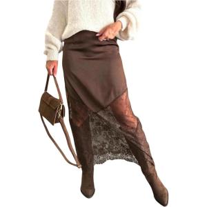 image:imageFloerns Womens High Waisted Lace Skirt Western Concert Outfit Party Long SkirtsCoffee Brown