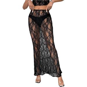 image:imageFloerns Womens Lace Maxi Skirt Low Rise See Through Fishtail Beach Cover Up Long SkirtBlack