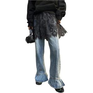 image:imageFloerns Womens Lace Short Skirt See Through Elastic Waist Ruffle Y2k A Line SkirtBlack