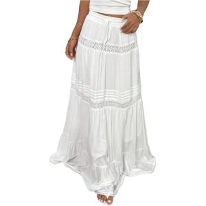 image:imageFloerns Womens Lace Skirt Drawstring Waist Tiered Ruffle Going Out Maxi SkirtWhite