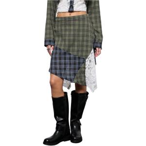 image:imageFloerns Womens Low Rise Patchwork Plaid Skirt Preppy Lace Going Out Y2k Midi SkirtGreen Multi