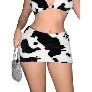 image:imageFloerns Womens Low Waist Mini Skirt Cow Print Fuzzy Going Out Bodycon SkirtsBlack and White
